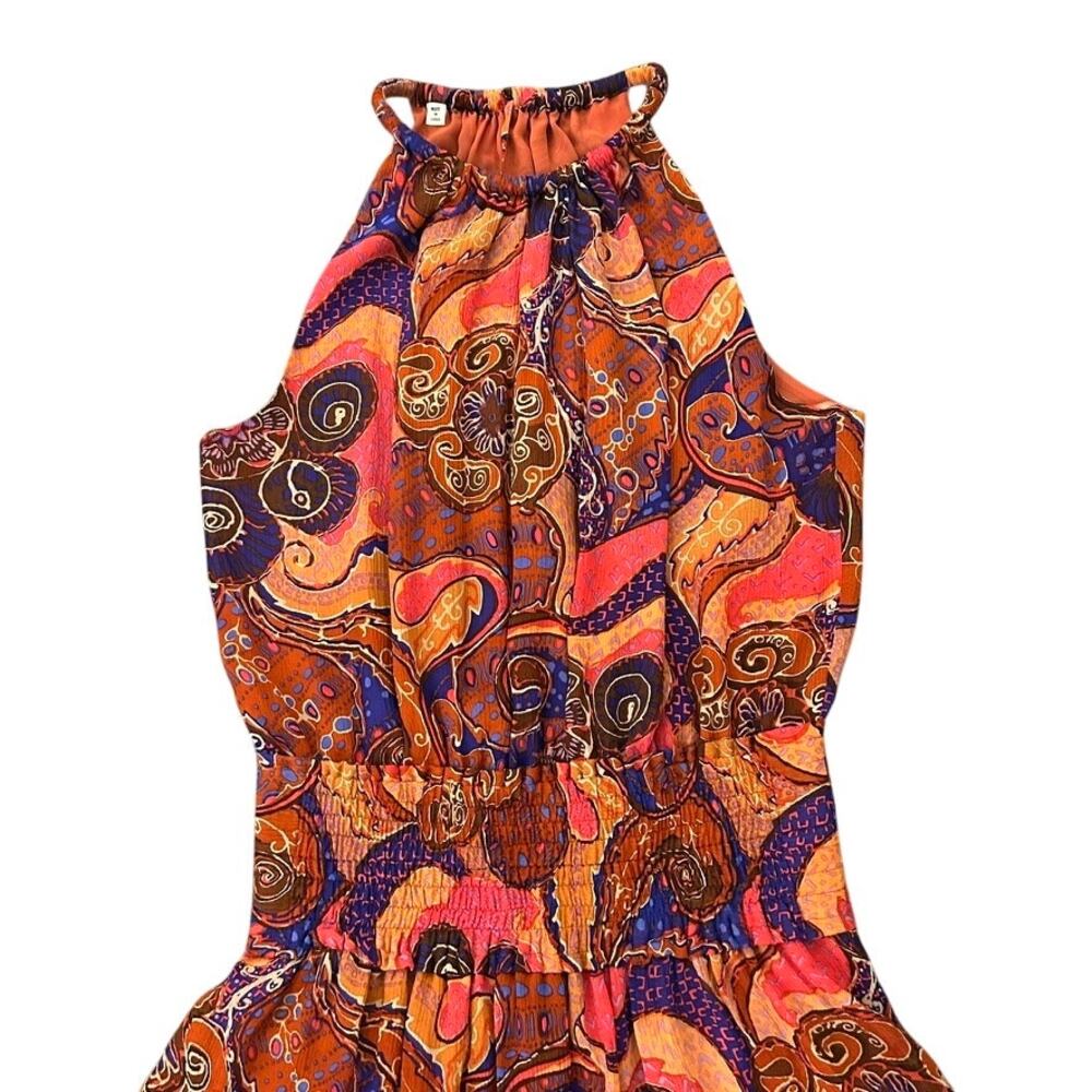 ALC Cory Dress 8 Terracotta Paisley Silk High Neck Smocked Waist Tiered Mini - Picture 8 of 15